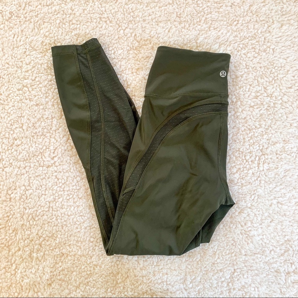 Olive green Lululemon leggings size 6 with mesh details